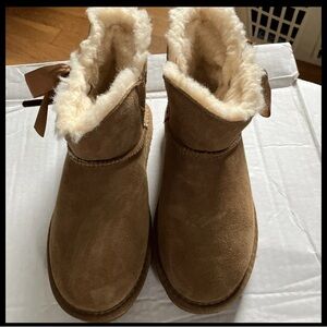 Pawz by Bearpaw Amelia Women Tan Fur Lined Suede Ankle Bow Bootie Boots 6